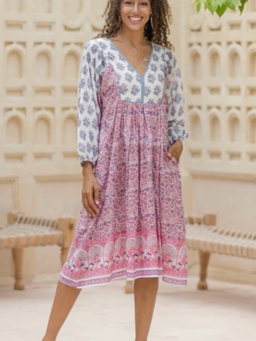 Mixed-Print V-Neck Midi Dress in Pink and White